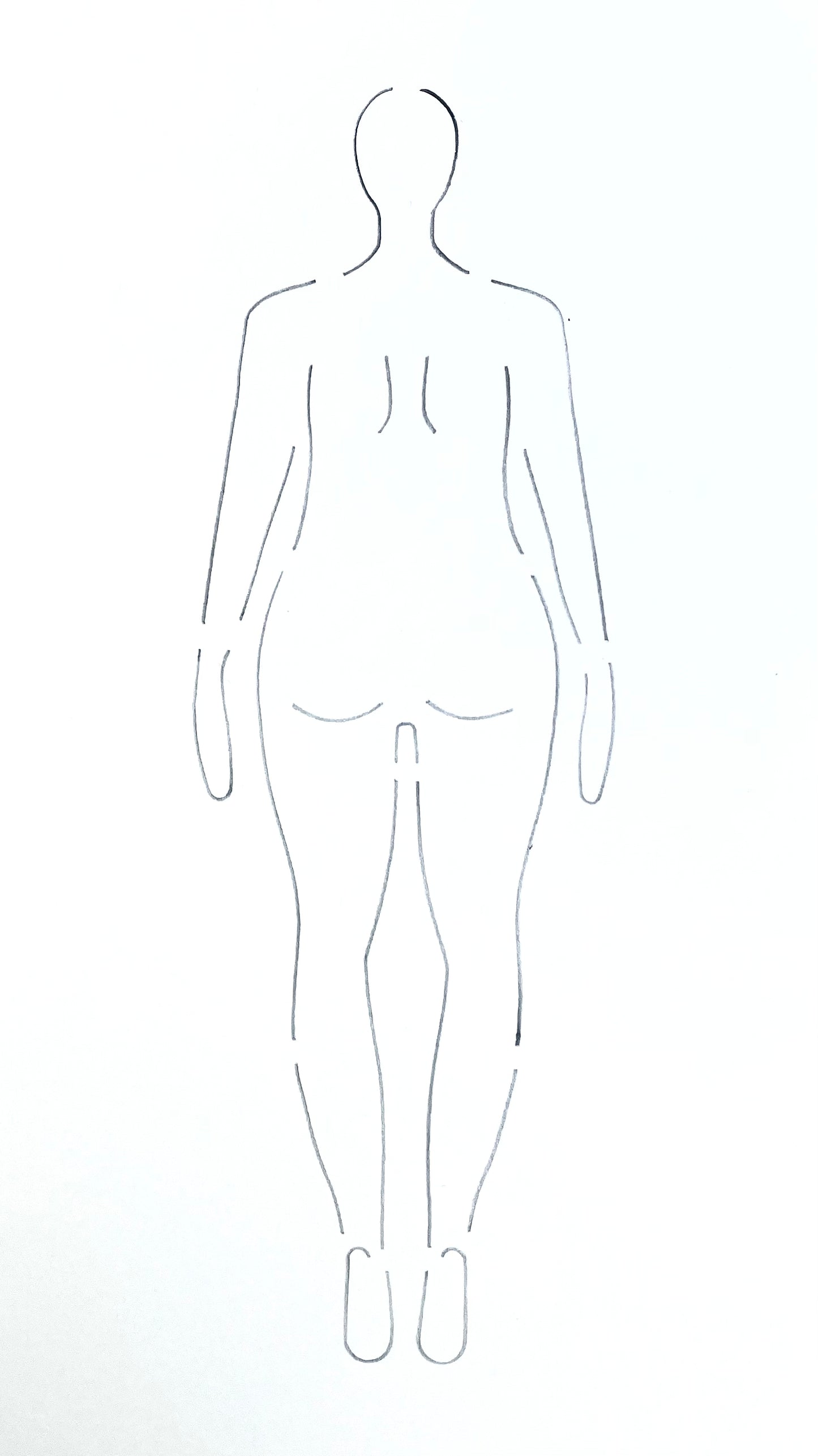 A depiction of what the fashion stencil croquis would look like when traced onto white paper (the curvy woman back pose).
