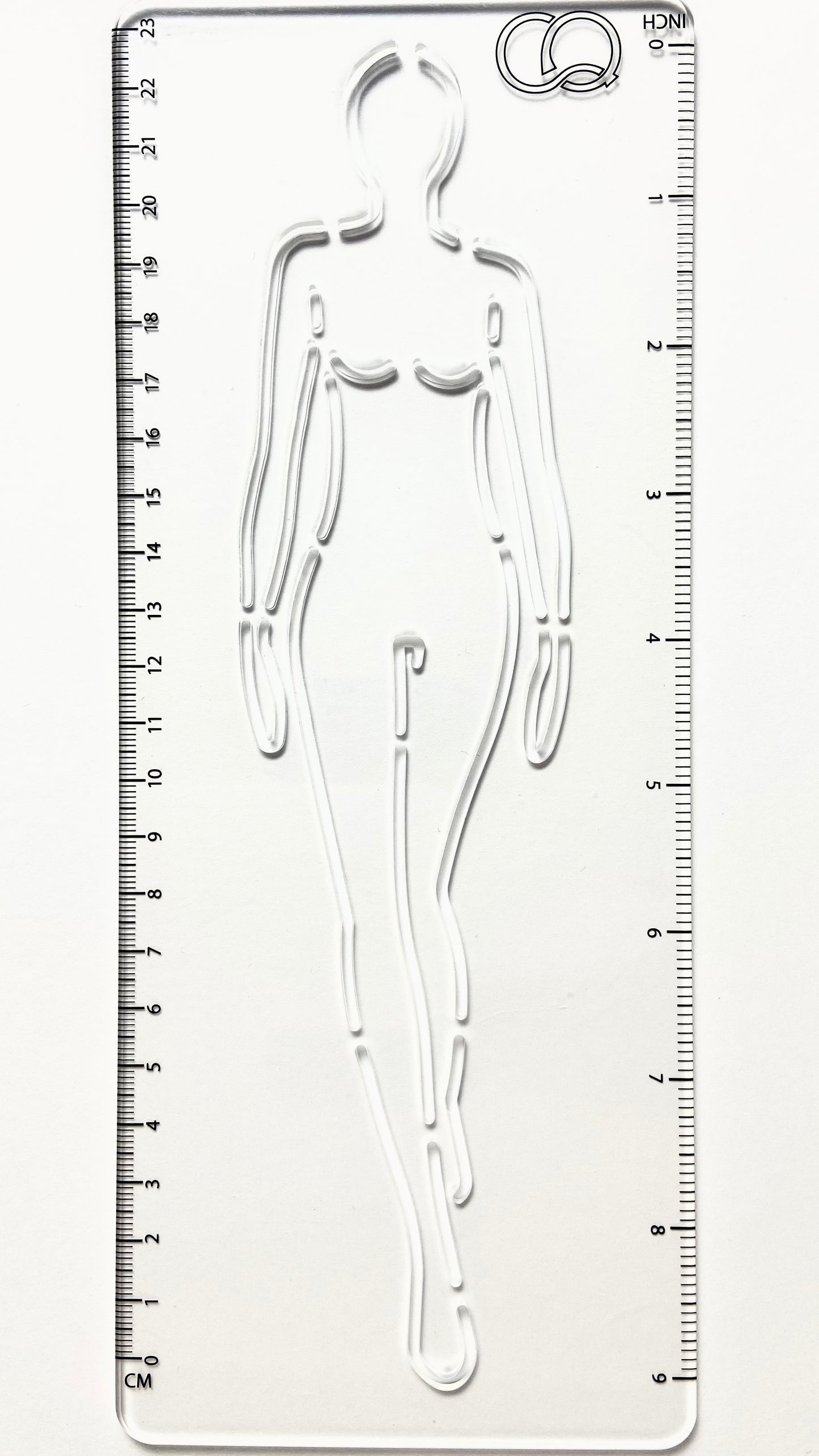 A clear acrylic stencil featuring a walking woman fashion figure. The stencil depicts a gracefully posed figure with one leg forward, suggesting movement. The stencil's transparent nature allows for precise tracing and drawing, making it an ideal tool for fashion designers and artists. It allows easy replication of the fashion figure's pose.