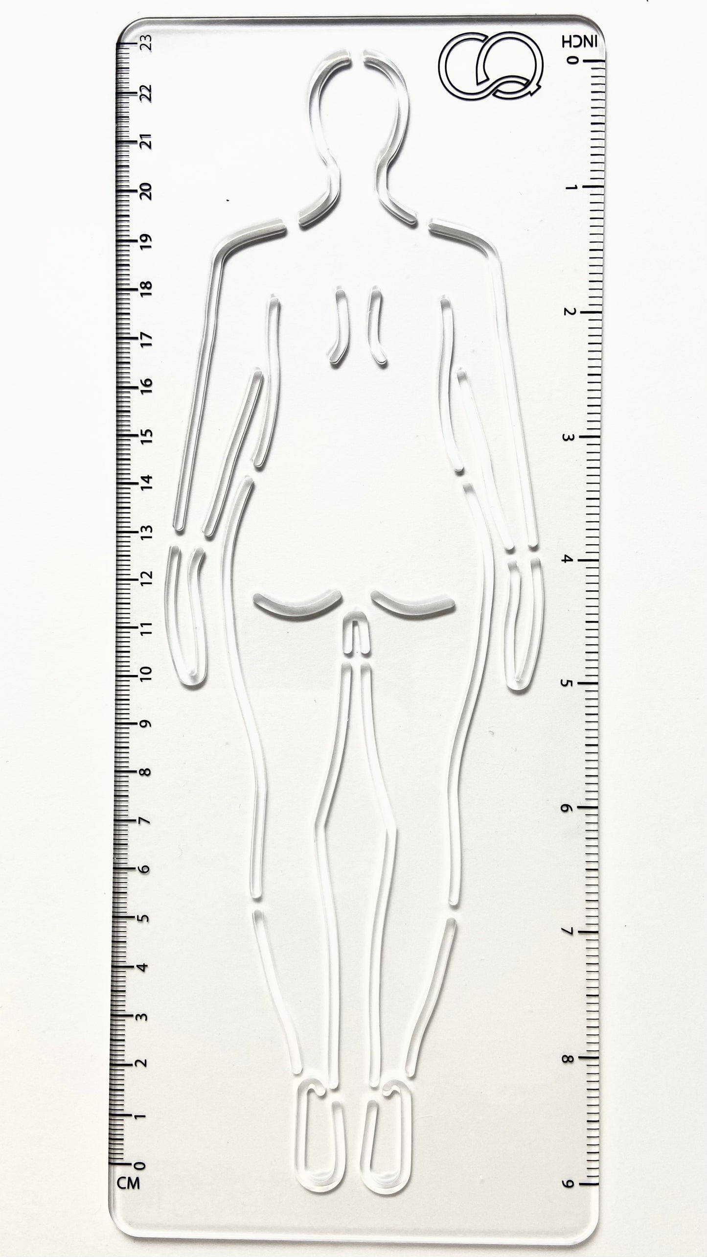 A clear acrylic stencil featuring the back of a curvy woman fashion figure. The stencil's transparent nature allows for precise tracing and drawing, making it an ideal tool for fashion designers and artists. It allows easy replication of the fashion figure's pose.