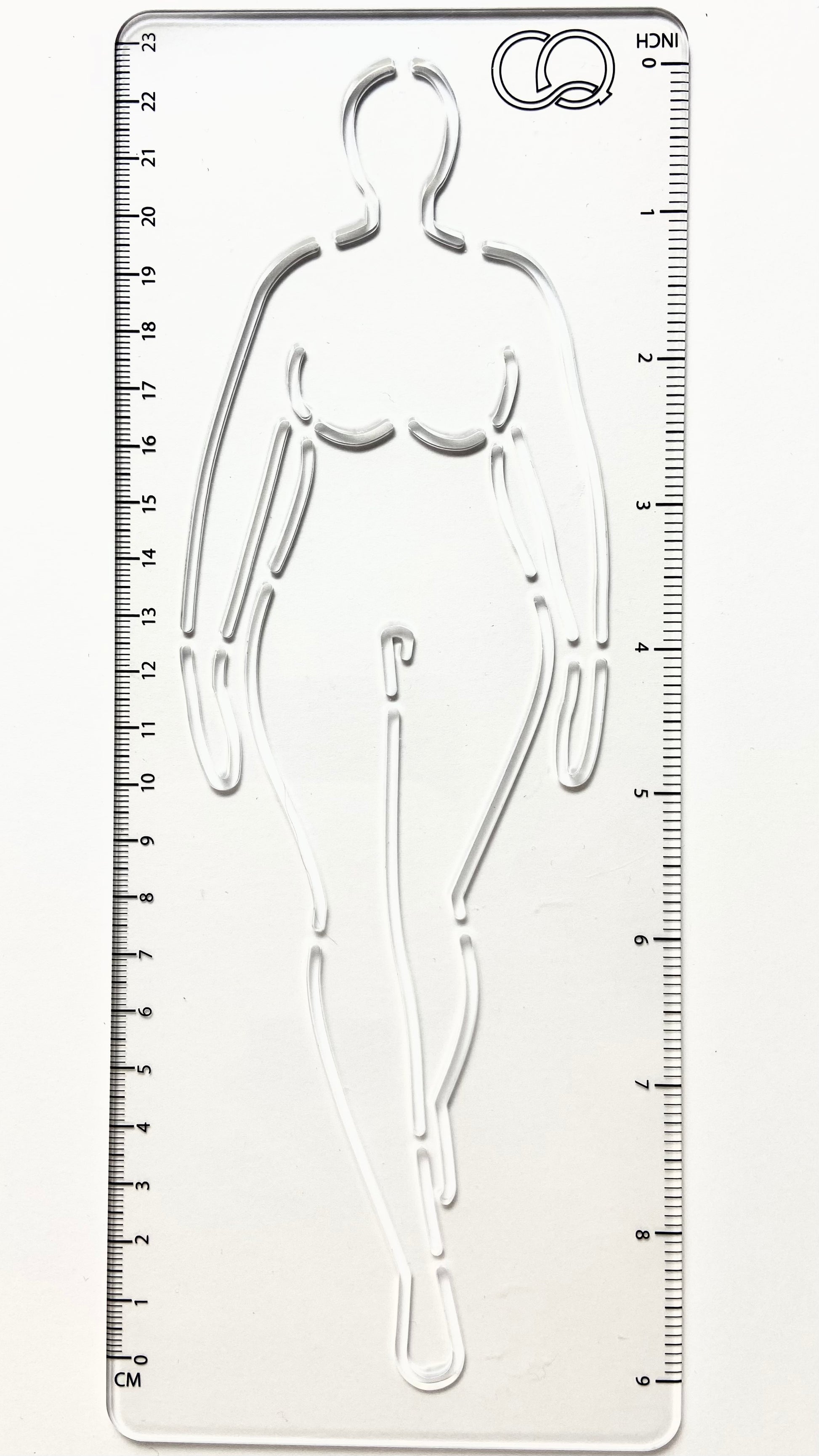 A clear acrylic stencil featuring a walking curvy woman fashion figure. The stencil depicts a gracefully posed figure with one leg forward, suggesting movement. The stencil's transparent nature allows for precise tracing and drawing, making it an ideal tool for fashion designers and artists. It allows easy replication of the fashion figure's pose.