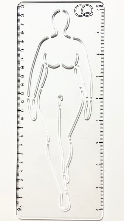 A clear acrylic stencil featuring a walking curvy woman fashion figure. The stencil depicts a gracefully posed figure with one leg forward, suggesting movement. The stencil's transparent nature allows for precise tracing and drawing, making it an ideal tool for fashion designers and artists. It allows easy replication of the fashion figure's pose.
