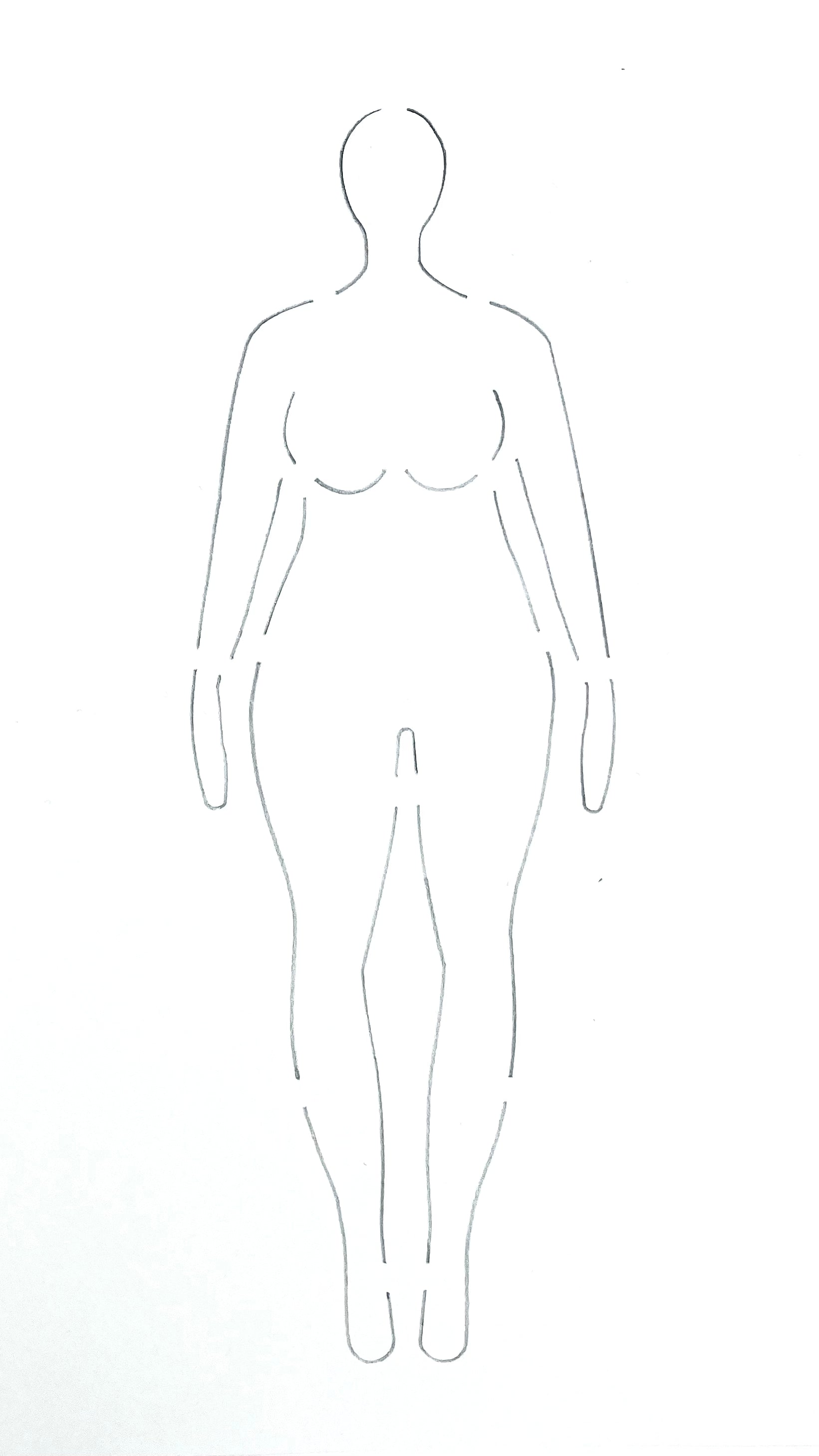 A depiction of what the fashion stencil croquis would look like when traced onto white paper (the curvy woman front pose).