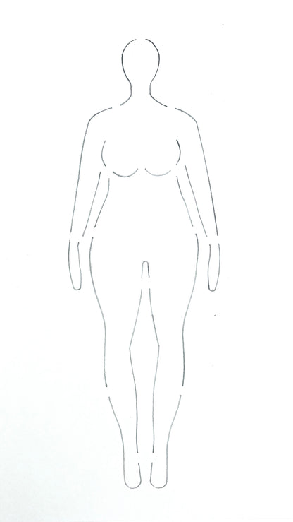 A depiction of what the fashion stencil croquis would look like when traced onto white paper (the curvy woman front pose).