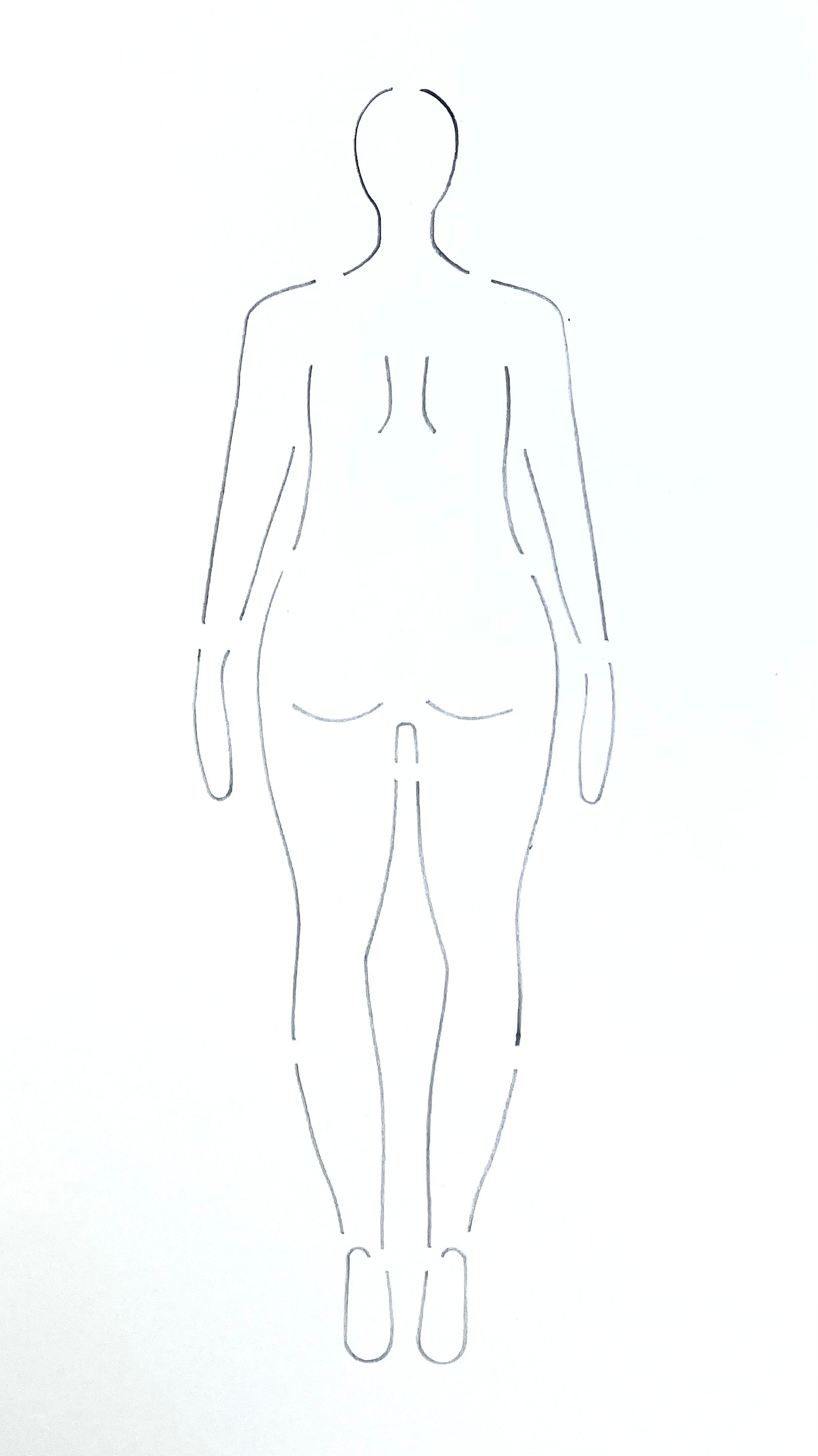 A depiction of what the fashion stencil croquis would look like when traced onto white paper (the curvy woman back pose).