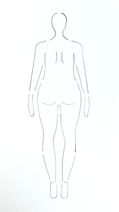 A depiction of what the fashion stencil croquis would look like when traced onto white paper (the curvy woman back pose).