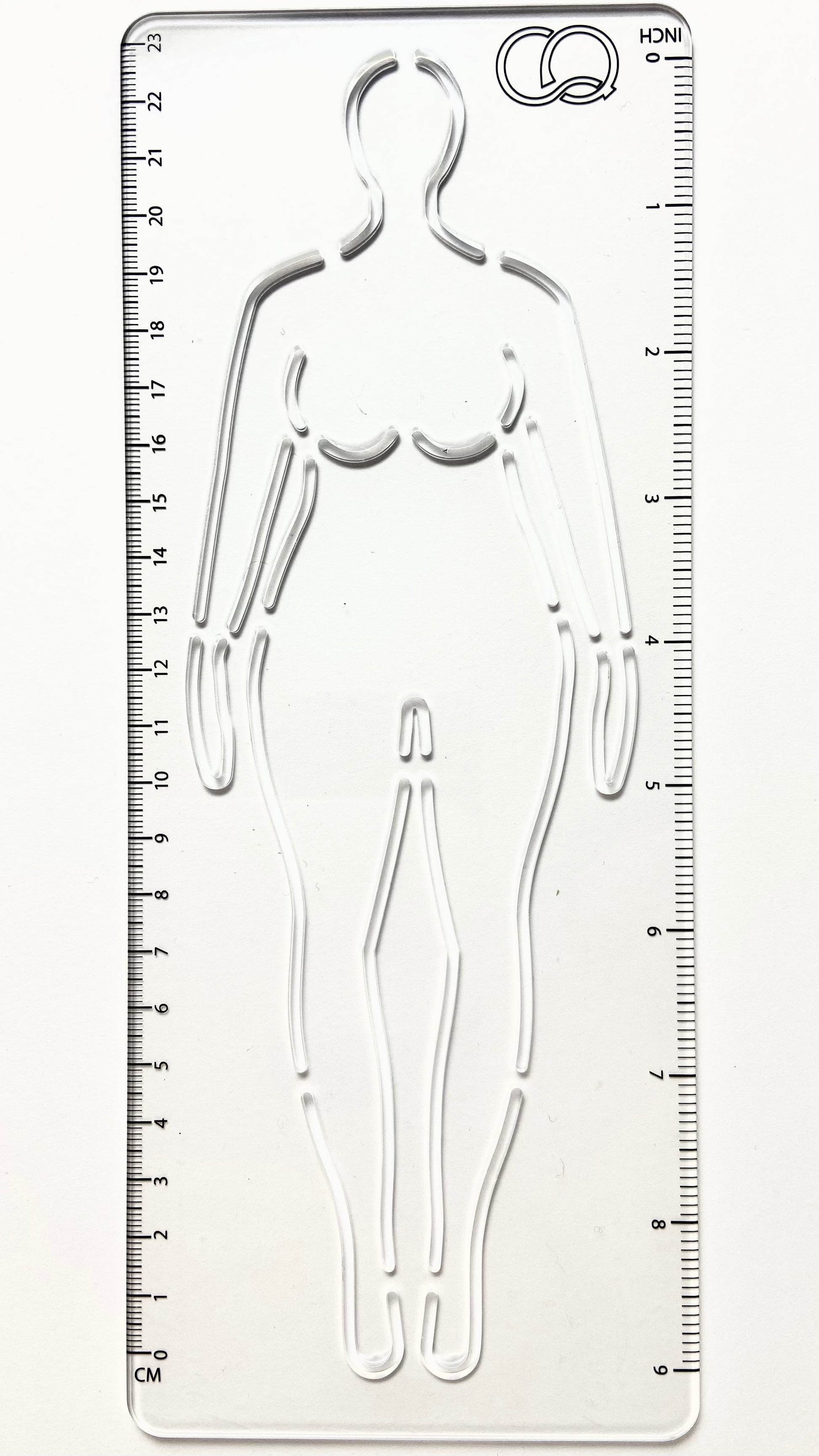 A clear acrylic stencil featuring the front of a curvy woman fashion figure. The stencil's transparent nature allows for precise tracing and drawing, making it an ideal tool for fashion designers and artists. It allows easy replication of the fashion figure's pose.