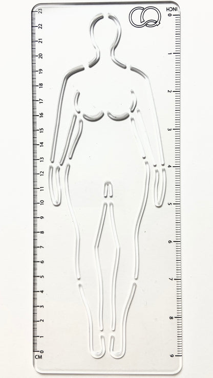A clear acrylic stencil featuring the front of a curvy woman fashion figure. The stencil's transparent nature allows for precise tracing and drawing, making it an ideal tool for fashion designers and artists. It allows easy replication of the fashion figure's pose.