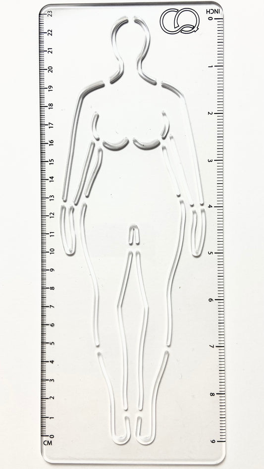 A clear acrylic stencil featuring the front of a curvy woman fashion figure. The stencil's transparent nature allows for precise tracing and drawing, making it an ideal tool for fashion designers and artists. It allows easy replication of the fashion figure's pose.