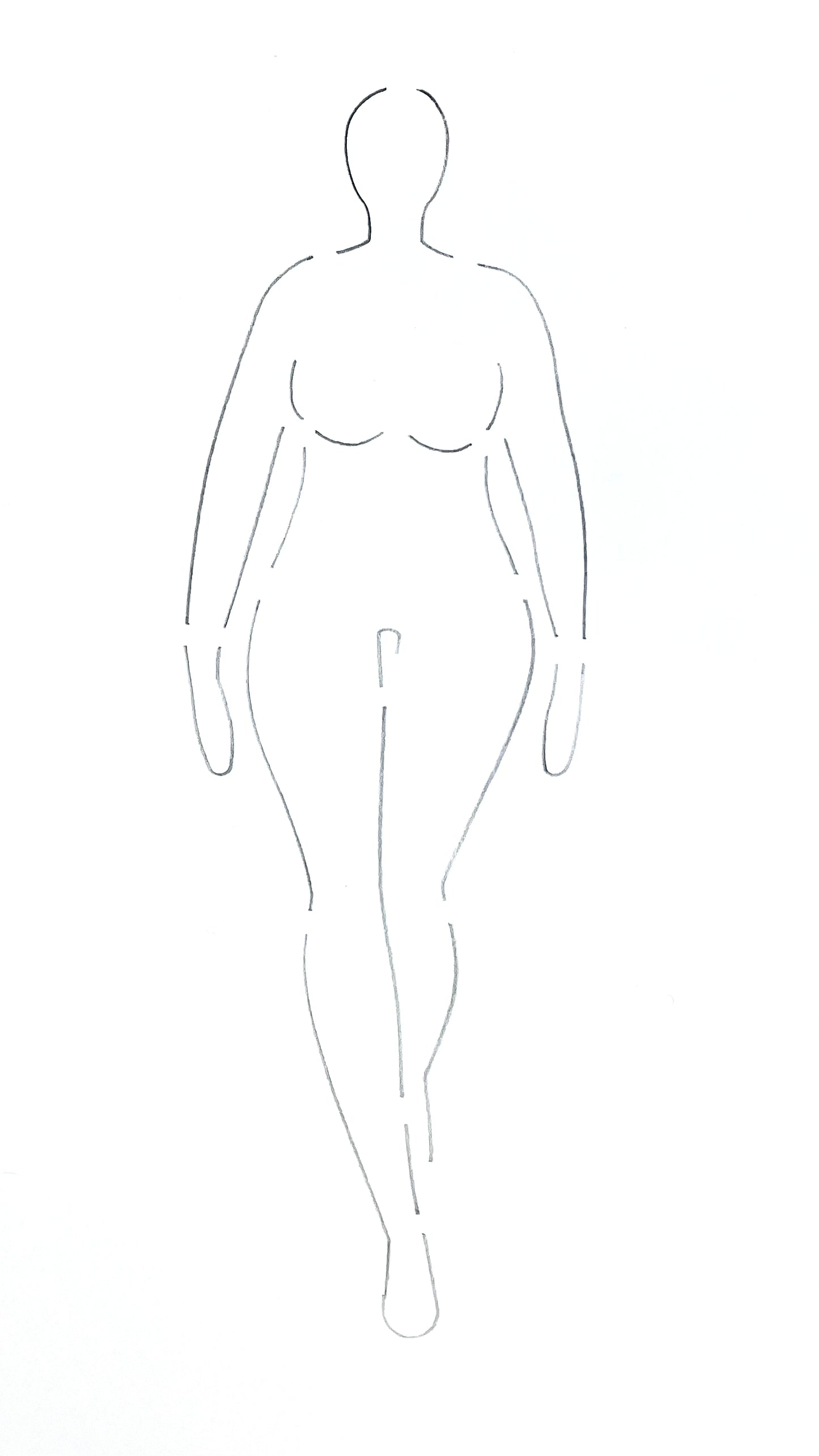 A depiction of what the fashion stencil croquis would look like when traced onto white paper (curvy woman walking pose).