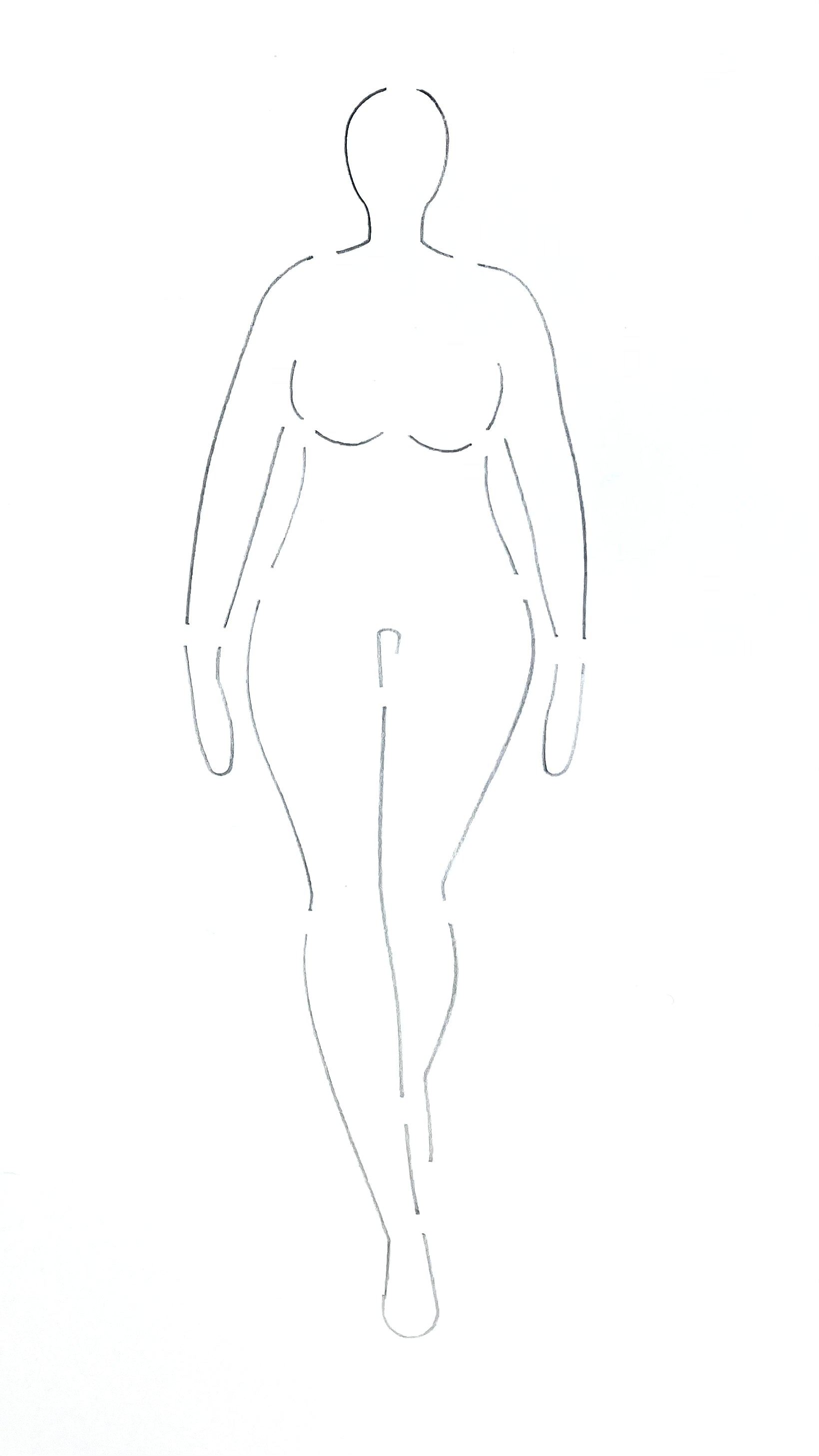 A depiction of what the fashion stencil croquis would look like when traced onto white paper (curvy woman walking pose).