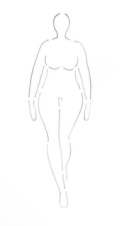 A depiction of what the fashion stencil croquis would look like when traced onto white paper (curvy woman walking pose).