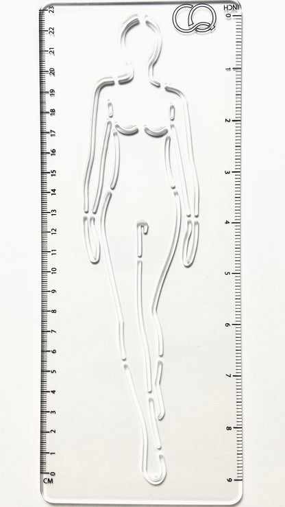 A clear acrylic stencil featuring a walking woman fashion figure. The stencil depicts a gracefully posed figure with one leg forward, suggesting movement. The stencil's transparent nature allows for precise tracing and drawing, making it an ideal tool for fashion designers and artists. It allows easy replication of the fashion figure's pose.