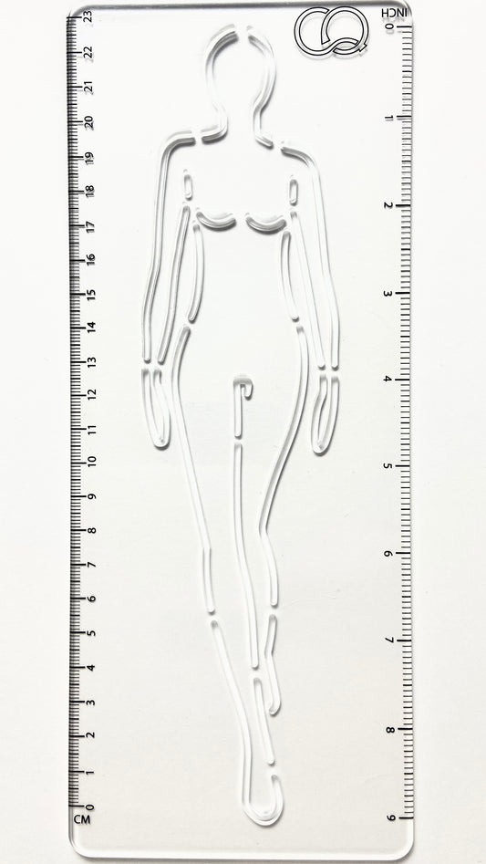 A clear acrylic stencil featuring a walking woman fashion figure. The stencil depicts a gracefully posed figure with one leg forward, suggesting movement. The stencil's transparent nature allows for precise tracing and drawing, making it an ideal tool for fashion designers and artists. It allows easy replication of the fashion figure's pose.