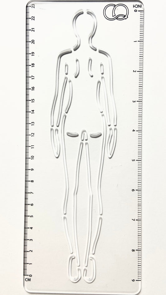A clear acrylic stencil featuring the back of a woman fashion figure. The stencil's transparent nature allows for precise tracing and drawing, making it an ideal tool for fashion designers and artists. It allows easy replication of the fashion figure's pose.