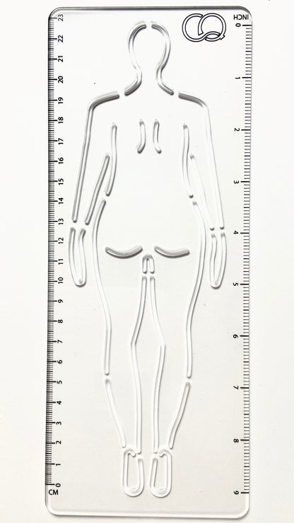 A clear acrylic stencil featuring the back of a curvy woman fashion figure. The stencil's transparent nature allows for precise tracing and drawing, making it an ideal tool for fashion designers and artists. It allows easy replication of the fashion figure's pose.