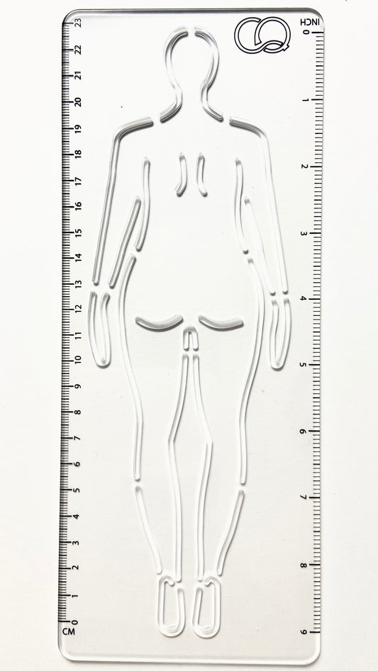 A clear acrylic stencil featuring the back of a curvy woman fashion figure. The stencil's transparent nature allows for precise tracing and drawing, making it an ideal tool for fashion designers and artists. It allows easy replication of the fashion figure's pose.