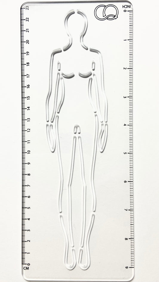 A clear acrylic stencil featuring the front of a woman fashion figure. The stencil's transparent nature allows for precise tracing and drawing, making it an ideal tool for fashion designers and artists. It allows easy replication of the fashion figure's pose.
