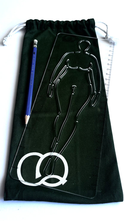 A vibrant green drawstring canvas carry bag featuring a collection of fashion stencils. The bag is made of durable fabric and has a drawstring closure at the top. Viewed from the front, with a stencil and pencil in front of it.